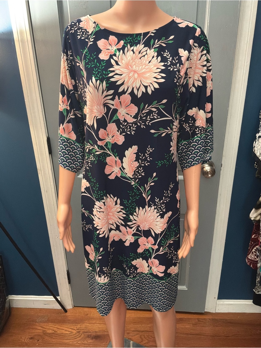 London Times Navy Floral Midi Dress with Pink Blooms